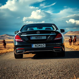 A powerful poster featuring a fully black Mercedes Benz S560 prominently displayed with a customized Kazakhstan license plate reading 'NOMAD'