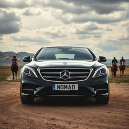 A powerful poster featuring a fully black Mercedes Benz S560 prominently displayed with a customized Kazakhstan license plate reading 'NOMAD'