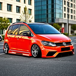 A Volkswagen Touran modified with an eye-catching body kit that enhances its sporty and aggressive look