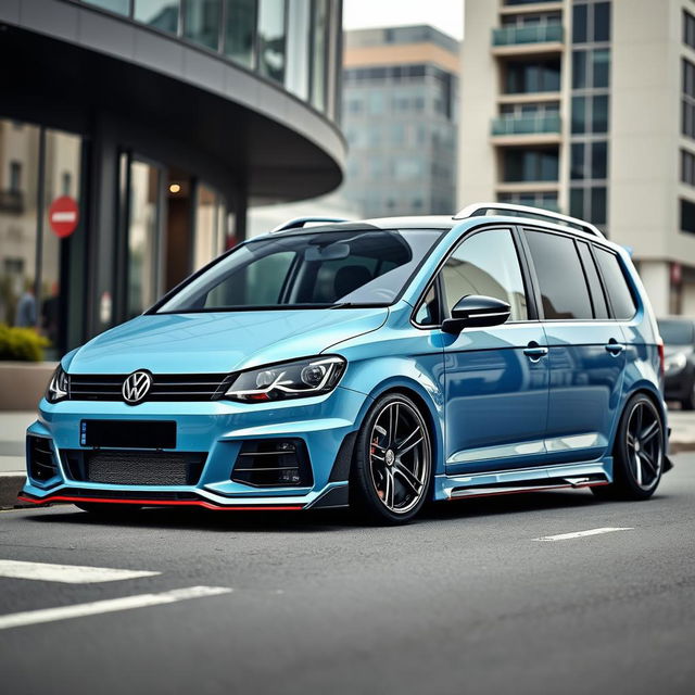 A Volkswagen Touran modified with an eye-catching body kit that enhances its sporty and aggressive look