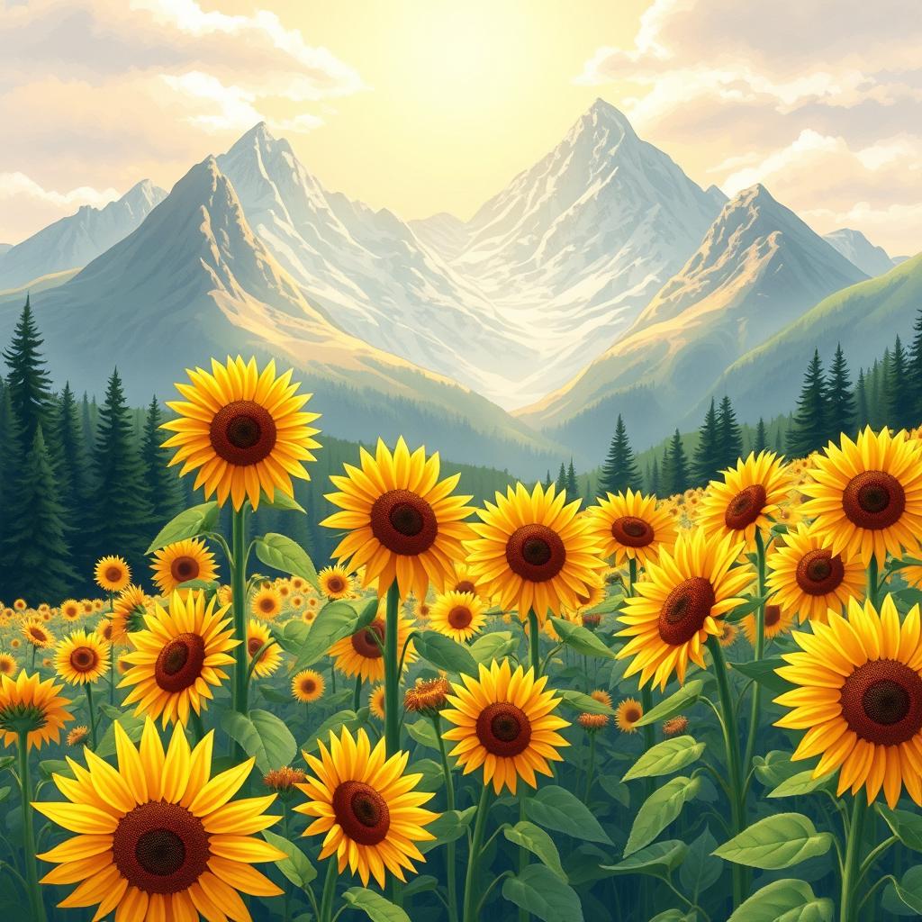 An illustrated book cover showcasing a stunning landscape of bright sunflowers in full bloom, set against a picturesque mountain range in the background