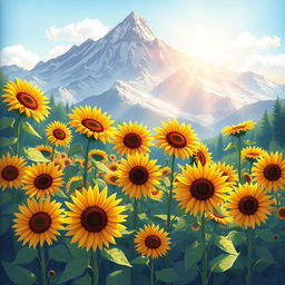 An illustrated book cover showcasing a stunning landscape of bright sunflowers in full bloom, set against a picturesque mountain range in the background