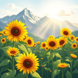 An illustrated book cover showcasing a stunning landscape of bright sunflowers in full bloom, set against a picturesque mountain range in the background