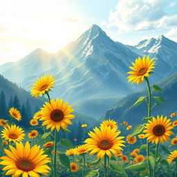 An illustrated book cover showcasing a stunning landscape of bright sunflowers in full bloom, set against a picturesque mountain range in the background