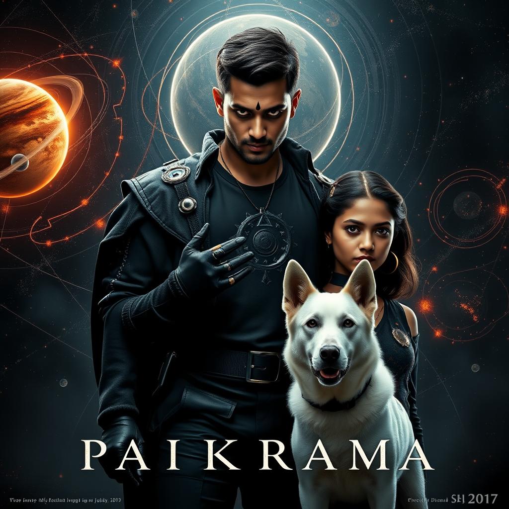 An immersive cinematic film poster titled 'Parikrama', featuring a powerful 27-year-old Indian man with short hair, exuding multiversal dark magical powers while standing amidst the celestial wonders of our solar system