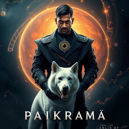 An immersive cinematic film poster titled 'Parikrama', featuring a powerful 27-year-old Indian man with short hair, exuding multiversal dark magical powers while standing amidst the celestial wonders of our solar system