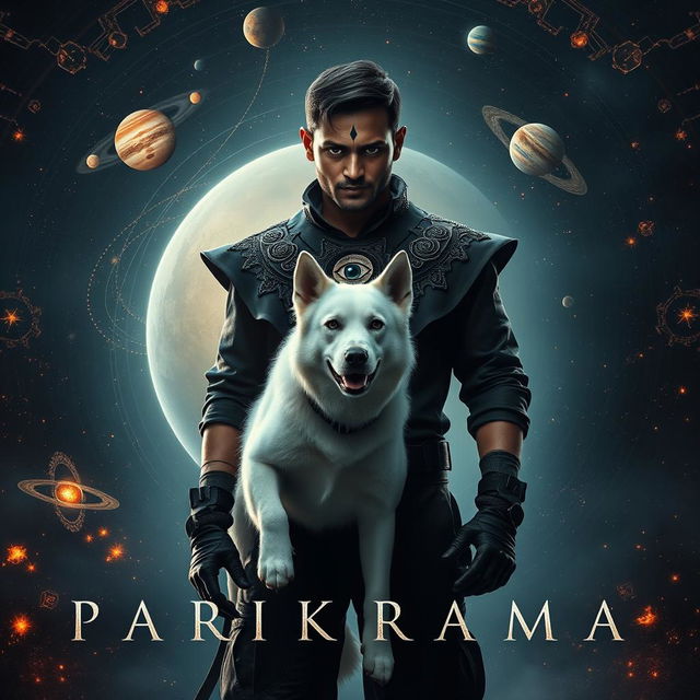 An immersive cinematic film poster titled 'Parikrama', featuring a powerful 27-year-old Indian man with short hair, exuding multiversal dark magical powers while standing amidst the celestial wonders of our solar system