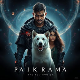 An immersive cinematic film poster titled 'Parikrama', featuring a powerful 27-year-old Indian man with short hair, exuding multiversal dark magical powers while standing amidst the celestial wonders of our solar system