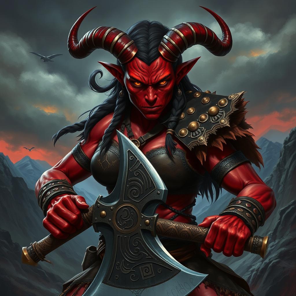 A fierce Tiefling barbarian with deep crimson skin, sharp horns curving backward, and glowing amber eyes