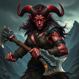 A fierce Tiefling barbarian with deep crimson skin, sharp horns curving backward, and glowing amber eyes