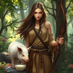 A strikingly beautiful half-elf druid, adorned in natural, earthy-toned garments that blend seamlessly with the surrounding woodland, stands gracefully with a majestic longbow in her hand