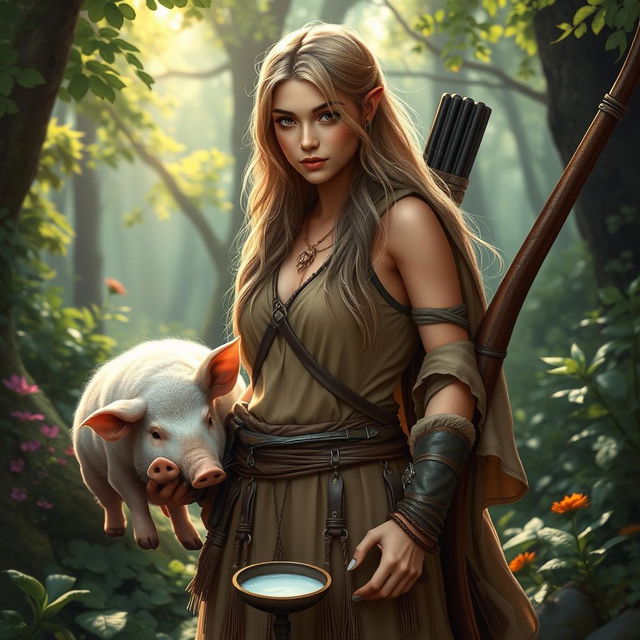 A strikingly beautiful half-elf druid, adorned in natural, earthy-toned garments that blend seamlessly with the surrounding woodland, stands gracefully with a majestic longbow in her hand