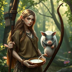 A strikingly beautiful half-elf druid, adorned in natural, earthy-toned garments that blend seamlessly with the surrounding woodland, stands gracefully with a majestic longbow in her hand