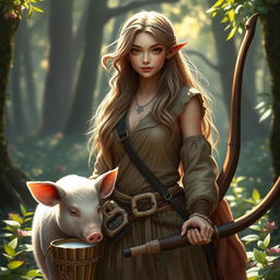 A strikingly beautiful half-elf druid, adorned in natural, earthy-toned garments that blend seamlessly with the surrounding woodland, stands gracefully with a majestic longbow in her hand