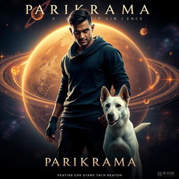 An engaging cinematic film poster titled 'Parikrama', showcasing a powerful 27-year-old Indian man with short hair, wielding multiversal dark magical powers while standing amidst the enchanting beauty of our solar system