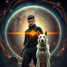 An engaging cinematic film poster titled 'Parikrama', showcasing a powerful 27-year-old Indian man with short hair, wielding multiversal dark magical powers while standing amidst the enchanting beauty of our solar system