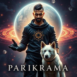 An engaging cinematic film poster titled 'Parikrama', showcasing a powerful 27-year-old Indian man with short hair, wielding multiversal dark magical powers while standing amidst the enchanting beauty of our solar system