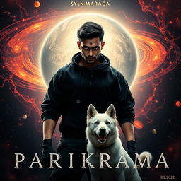 An engaging cinematic film poster titled 'Parikrama', showcasing a powerful 27-year-old Indian man with short hair, wielding multiversal dark magical powers while standing amidst the enchanting beauty of our solar system