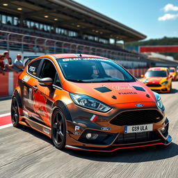 A Ford Fiesta equipped with an aggressive body kit, showcasing its sporty modifications including a wide stance, sleek side skirts, and a prominent front splitter