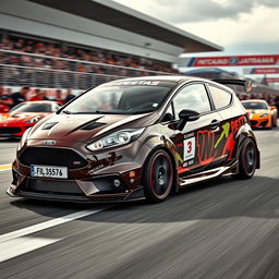 A Ford Fiesta equipped with an aggressive body kit, showcasing its sporty modifications including a wide stance, sleek side skirts, and a prominent front splitter