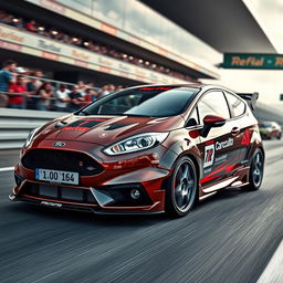 A Ford Fiesta equipped with an aggressive body kit, showcasing its sporty modifications including a wide stance, sleek side skirts, and a prominent front splitter