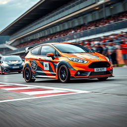 A Ford Fiesta equipped with an aggressive body kit, showcasing its sporty modifications including a wide stance, sleek side skirts, and a prominent front splitter