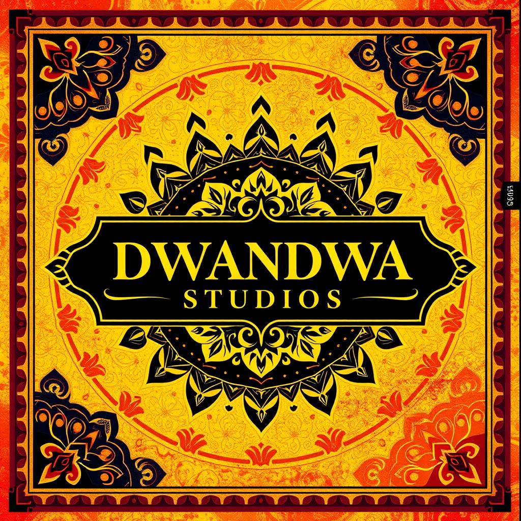 A vibrant and culturally rich poster for DWANDWA STUDIOS, featuring a blend of yellow, red, and black colors that evoke traditional Indian aesthetics