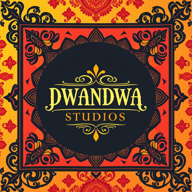 A vibrant and culturally rich poster for DWANDWA STUDIOS, featuring a blend of yellow, red, and black colors that evoke traditional Indian aesthetics