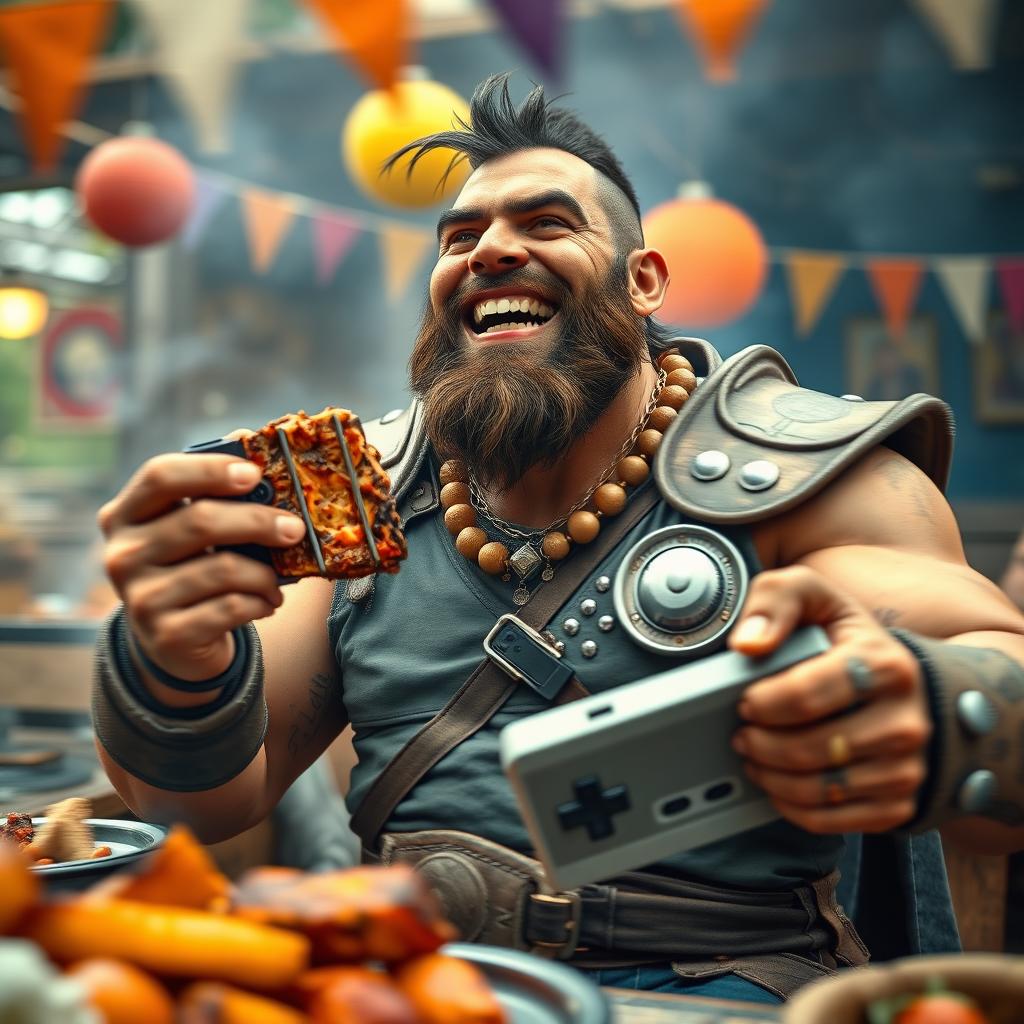 A half-orc paladin, muscular and charismatic, is depicted in a somewhat blurry, action-filled scene as he joyfully enjoys a barbecue feast while simultaneously playing a Nintendo console