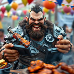 A half-orc paladin, muscular and charismatic, is depicted in a somewhat blurry, action-filled scene as he joyfully enjoys a barbecue feast while simultaneously playing a Nintendo console