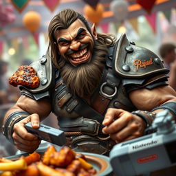 A half-orc paladin, muscular and charismatic, is depicted in a somewhat blurry, action-filled scene as he joyfully enjoys a barbecue feast while simultaneously playing a Nintendo console