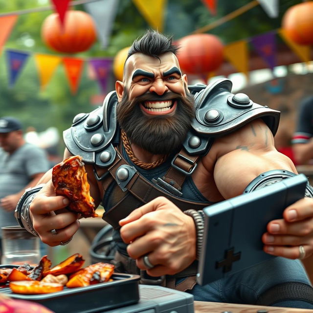 A half-orc paladin, muscular and charismatic, is depicted in a somewhat blurry, action-filled scene as he joyfully enjoys a barbecue feast while simultaneously playing a Nintendo console