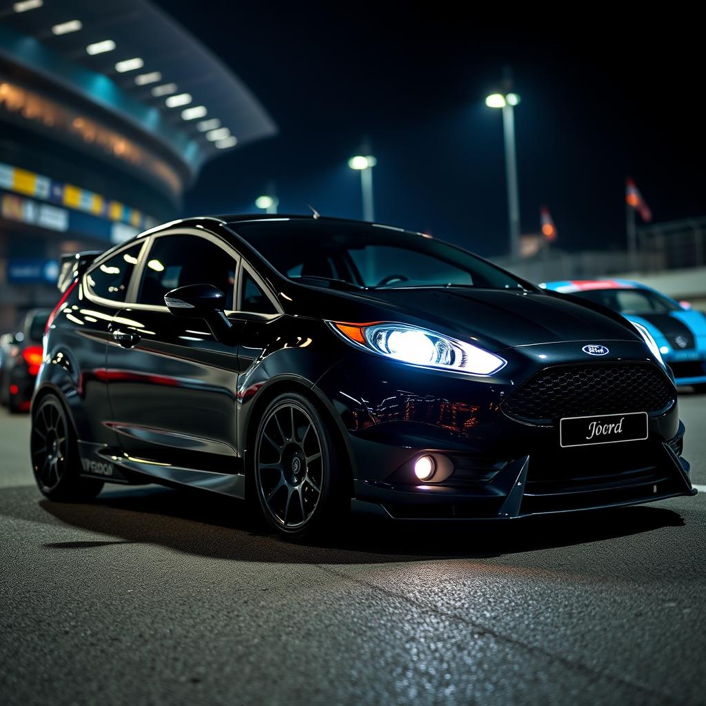 A Ford Fiesta equipped with an aggressive body kit, showcased in a striking nighttime setting at the Circuito del Jarama racetrack