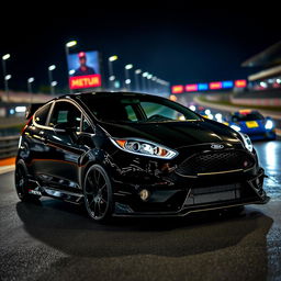 A Ford Fiesta equipped with an aggressive body kit, showcased in a striking nighttime setting at the Circuito del Jarama racetrack