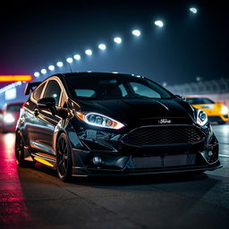 A Ford Fiesta equipped with an aggressive body kit, showcased in a striking nighttime setting at the Circuito del Jarama racetrack