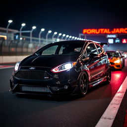 A Ford Fiesta equipped with an aggressive body kit, showcased in a striking nighttime setting at the Circuito del Jarama racetrack