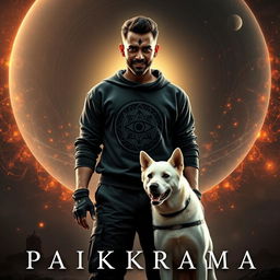 An exhilarating cinematic film poster titled 'Parikrama', showcasing a striking 27-year-old Indian man with short hair, radiating multiversal dark magical powers while standing prominently within the vastness of our solar system