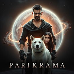 An exhilarating cinematic film poster titled 'Parikrama', showcasing a striking 27-year-old Indian man with short hair, radiating multiversal dark magical powers while standing prominently within the vastness of our solar system