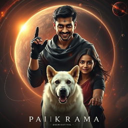 An exhilarating cinematic film poster titled 'Parikrama', showcasing a striking 27-year-old Indian man with short hair, radiating multiversal dark magical powers while standing prominently within the vastness of our solar system