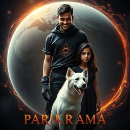 An exhilarating cinematic film poster titled 'Parikrama', showcasing a striking 27-year-old Indian man with short hair, radiating multiversal dark magical powers while standing prominently within the vastness of our solar system