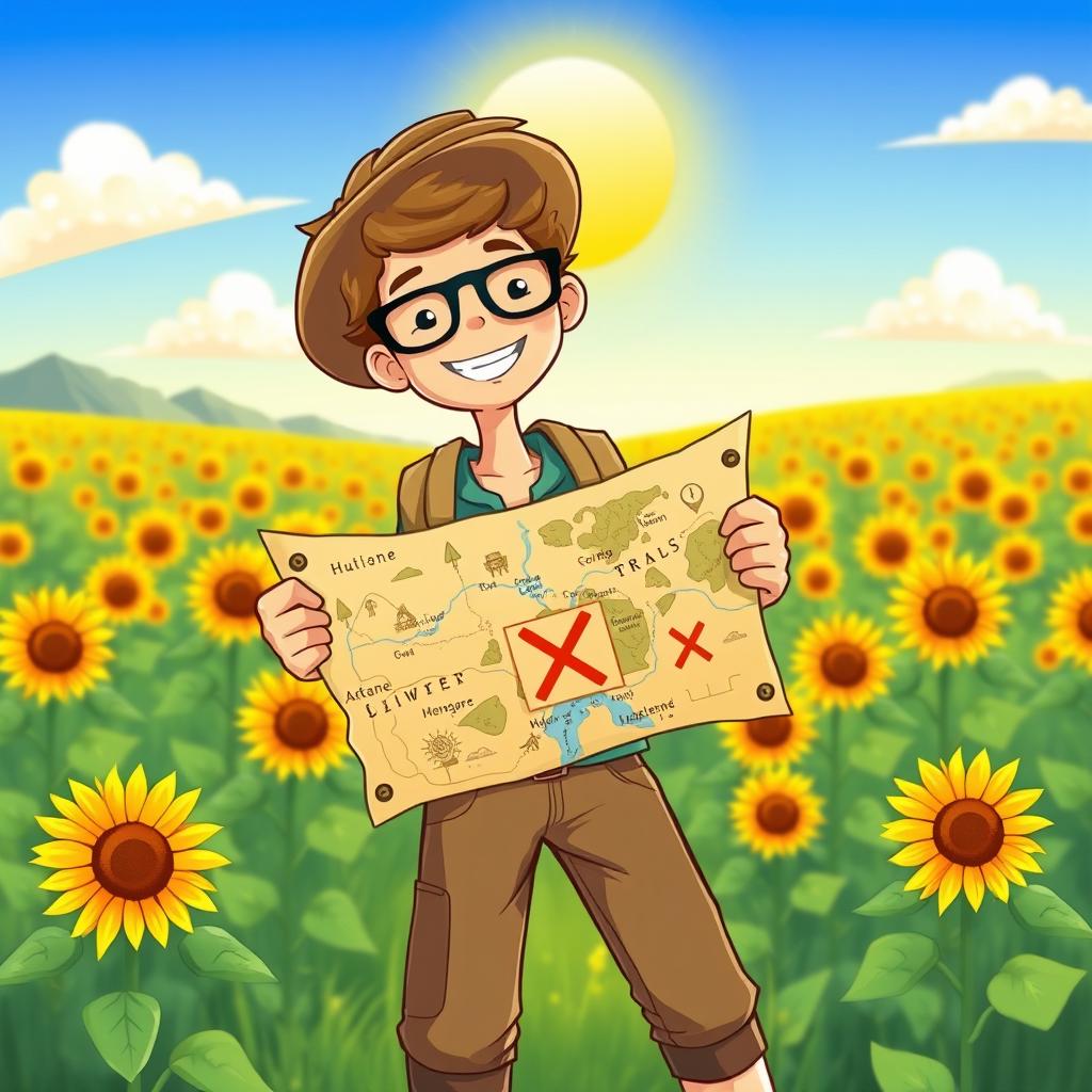 An adventurous illustration of a person holding a treasure map that leads to a hidden treasure of sunflowers