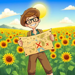 An adventurous illustration of a person holding a treasure map that leads to a hidden treasure of sunflowers