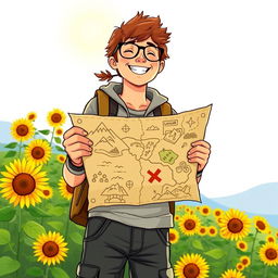 An adventurous illustration of a person holding a treasure map that leads to a hidden treasure of sunflowers