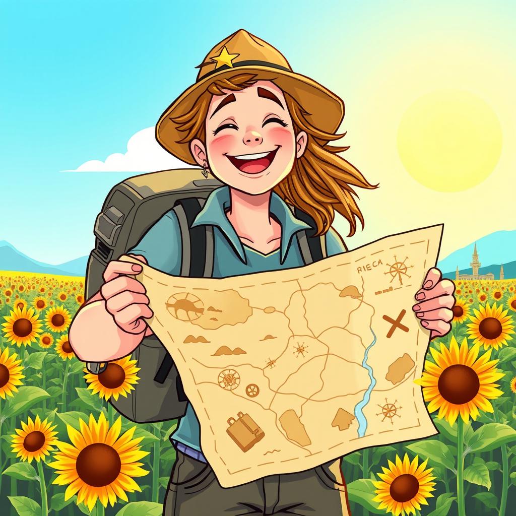 An adventurous illustration of a person holding a treasure map that leads to a hidden treasure of sunflowers