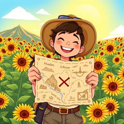 An adventurous illustration of a person holding a treasure map that leads to a hidden treasure of sunflowers