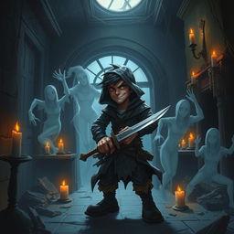 A very short human rogue, appearing both stealthy and determined, is depicted inside a chilling, haunted house filled with eerie shadows and ghostly apparitions