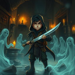 A very short human rogue, appearing both stealthy and determined, is depicted inside a chilling, haunted house filled with eerie shadows and ghostly apparitions