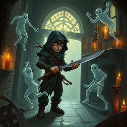 A very short human rogue, appearing both stealthy and determined, is depicted inside a chilling, haunted house filled with eerie shadows and ghostly apparitions