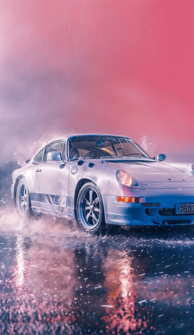 32k HD editorial photograph of a light blue Porsche 911 driving through pouring rain against a pink pastel backdrop.