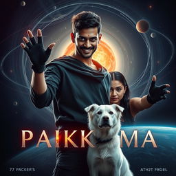 A captivating cinematic film poster titled 'Parikrama', showcasing a powerful 27-year-old Indian man with short hair, channeling his multiversal dark magical powers while standing amidst the stunning visuals of our solar system